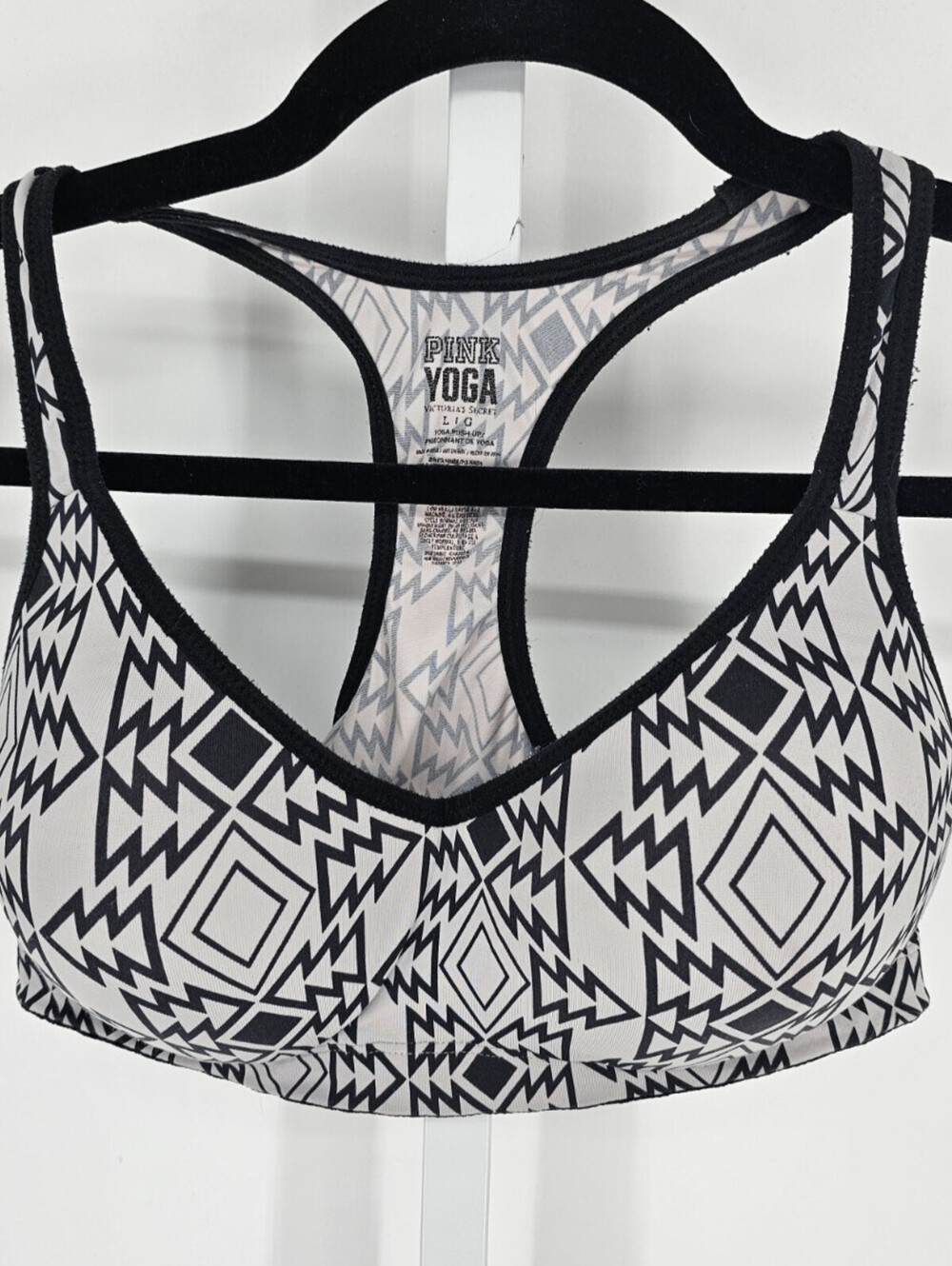 Pink Yoga by Victorias Secret Womens Sz L Racerback Sports Bra Black White